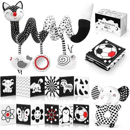 High Contrast Black and White Baby Toys 3-Piece Newborn Essentials Set with Hanging Toys,Rattle Crib Mobile,baby Book & Car Seat Stroller Toys for 0-3-6-12 Months Infant Development
