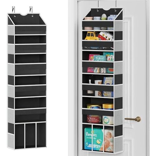 Over The Door Organizer Hanging - 6 Shelf Over Door Organizer with 6 Clear Front & 12 Side Pockets - 50LB Load Behind Storage for Closet Bedroom Bathroom Nursery Baby Essentials(Black)
