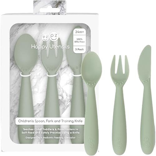 ezpz Happy Utensils - 24 Months+ (Sage) - BPA Free Toddler Utensils - Fork, Spoon and Knife for Toddlers and Preschoolers - Kids Utensils for Self-Feeding Development
