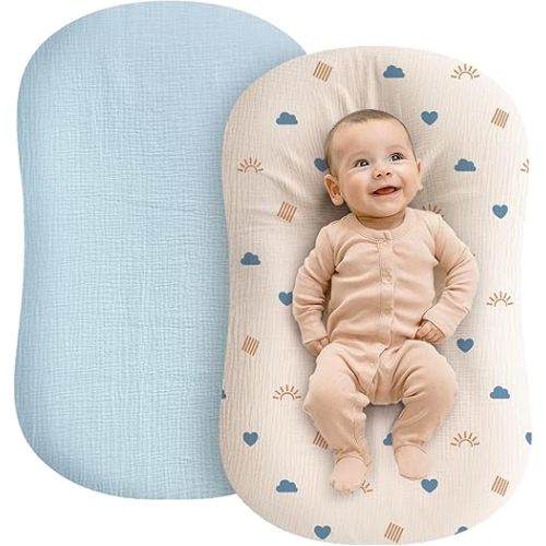 Muslin Baby Lounger Cover - 2 Pack Organic Cotton Baby Pillow Lounger Cover for Newborn - Soft and Breathable Infant Pillow Lounger Cover - Covers Only