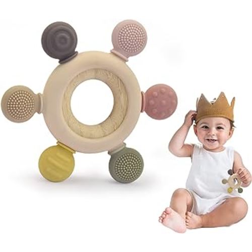 Baby Teething Toys Silicone Chewable Teethers BPA Free Silicone Rudder with Removable Wooden Ring for Soothing Babies Gums Teethers for Babies 0-24 Months (Beige,6 Directions)