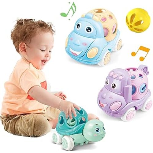 Tepear Baby Toy Car, Rattle & Roll Cars for Toddler Aged 1-3, Push and Go Toys with Soft Rubber 6-12 Month Infant, 3PCS Friction Powered Truck, Baby Boys Girls Gift