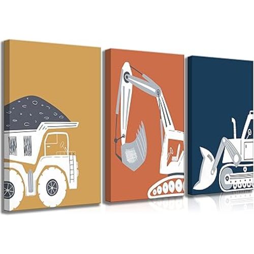 3 Pcs Construction Truck Nursery Canvas Wall Art Excavator Dump Truck Tractor Painting Picture Wall Decor Poster Print Artwork Kids Room Boys Room Baby Room Home Decoration