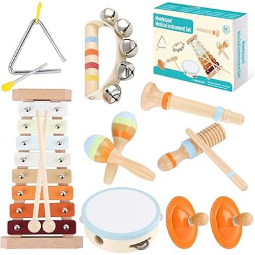 Musical Instruments for Toddlers 1-3 - Eco-Friendly Wooden Percussion Set with Xylophone, Tambourine, and Maracas in Neutral Colors - Montessori Toys for Perfect Educational Gift for Kids