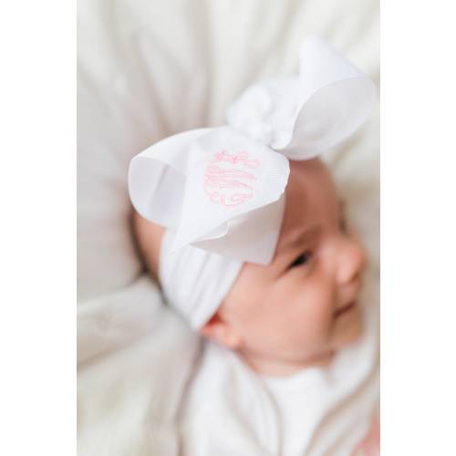 Baby Girls Monogrammed Hair Bow - Headband - Newborn - Coming Home - 6” - Pink - Nylon - Embroidered - Monogram