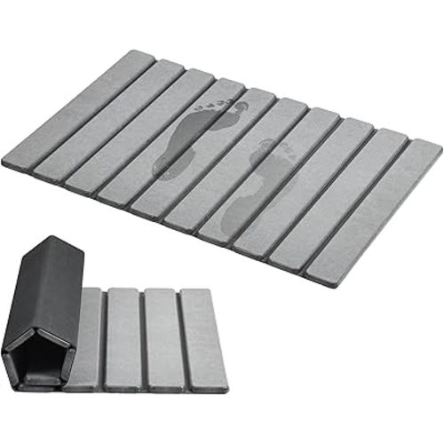 AWW Foldable Stone Bath Mat, Super Absorbent Diatomaceous Earth Mat, Non-Slip 23.6 x 15.5 Inch Quick Drying Mat, Compact and Easy to Store Bath Mats for Bathroom, Easy to Clean, Grey