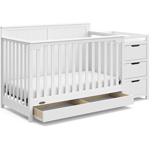 Graco Hadley 5-in-1 Convertible Crib and Changer with Drawer (White) – GREENGUARD Gold Certified, Crib and Changing -Table Combo with Drawer, Includes Baby Changing Pad, Converts to Full-Size Bed