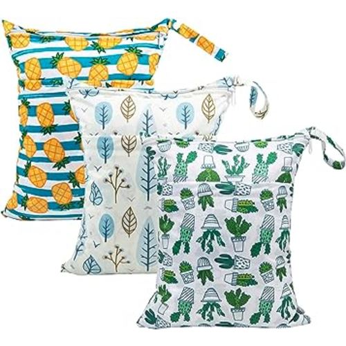 babygoal Wet Dry Bags for Baby Cloth Diapers, Washable Travel Bags, Beach, Pool, Gym Bag for Swimsuits & Wet Clothes with Two Zippered Pockets 3 Pack, 3LN05