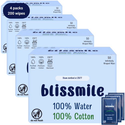 Blissmile Only Water Baby Wipes, 100% Cotton 100% Water Wipes, Unscented Hypoallergenic Sensitive Skin Wet Wipes, Individually Wrapped Travel Size (4 Packs of 50 Wipes (200 Wipes))