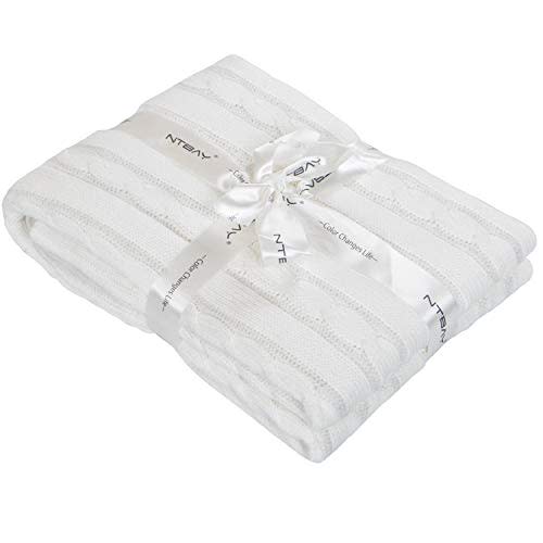 NTBAY 100% Pure Cotton Cable Knit Toddler Blanket, Super Soft Warm Breathable 30x40 Baby Blanket for Crib, Stroller, Nursery, Travel, Newborn, 30x40 Inches, White