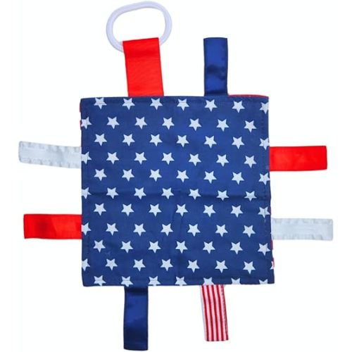 Baby Jack & Co 8x8” American Flag Lovey Patriotic Tag Toy - Crinkle Toys for Development of Five Senses - Soft & Safe - God Bless America - Military Child - BPA Free Clip for Stroller Toy