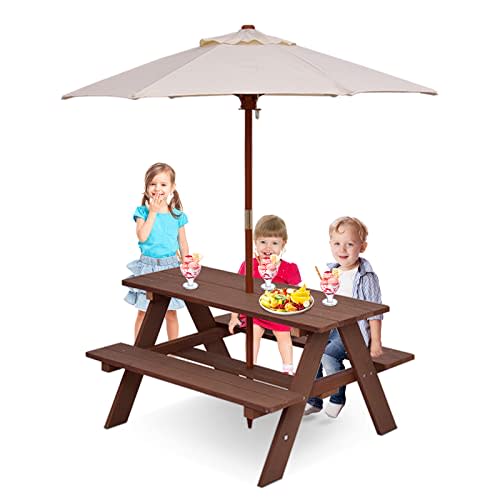 Costzon Kids Picnic Table, Wooden Table & Bench Set w/Removable & Foldable Umbrella, Toddler Patio Set for Backyard, Garden, Lawn, Girls & Boys Gift, Kids Table and Chair Set for Outdoors (Natural)