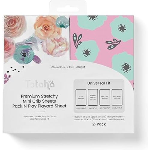 TotAha Premium Stretchy Pack N Play Playard Sheets | Mini Crib Sheets (2-Pack) -Hypoallergenic, Silky Comfort, Buttery Soft, Calming Effect, All-Season Jersey-Knit (Colorful Flora & Blue Flowers)