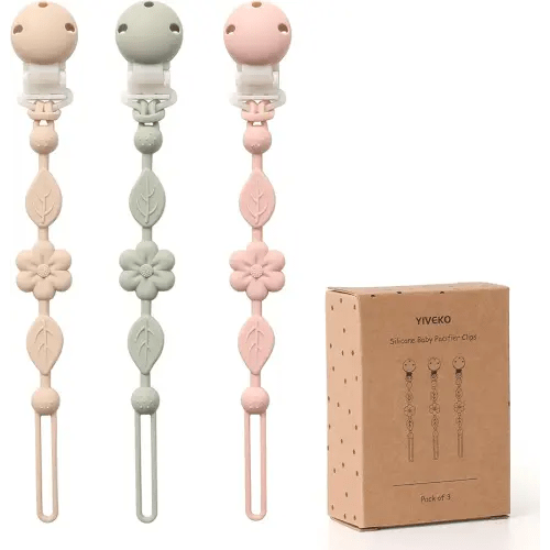 Pacifier Clips for Baby Silicone Pacifier Holder Clips for Boys Girls One Piece Baby Binky Clips YIVEKO Pacifier Clips Flower 3Pcs-Ivory+Sage+Blush