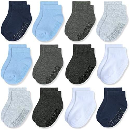 JAKIDAR 12 Pair Baby Toddler Socks Non-Slip Grip Cotton Ankle Socks for Boys Girls Non Skid Soles for Infants Kids