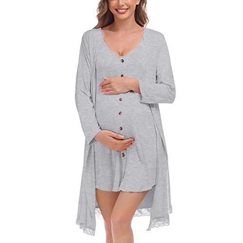 SWOMOG Womens Maternity Nursing Nightgown and Lace Robe Set 3 in 1 Labor Delivery Button Down Nursing Dress 2 Piece Sleepwear