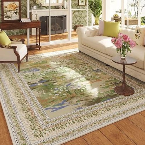 Rugcomf 5x7 Area Rugs Impressionist-Style Vintage Washable Area Rug Non Slip Low Pile Large Rugs for Living Room Bedroom Farmhouse Dining Room Kids Playroom, Beige