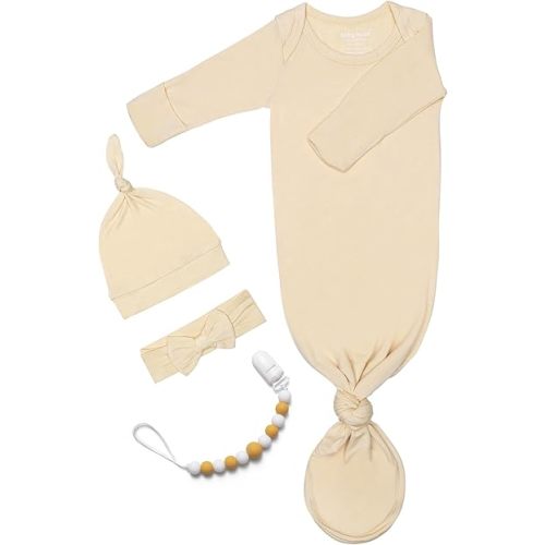 Newborn Baby Knotted Gown, Super Soft Silky Infant Long Sleeve Sleeper with Mittens and Hat & Bowknot Set (Extra Long)