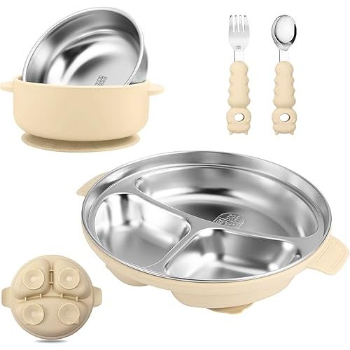 Stainless Steel Baby Plate and Bowl with Suction, Baby Bowl and Divided Kids Toddler Plate with Removable Silicone Shell, Non-Slip Toddler Baby Feeding Set, Forks + Spoons Included-Cream