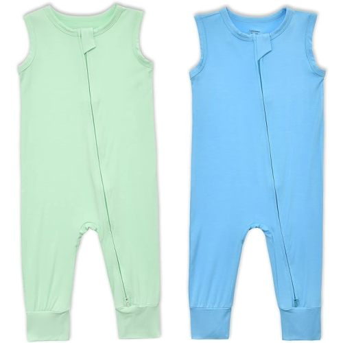 Baby Sleeveless Romper Zipper Toddler Summer Jumpsuit Rayon from Bamboo Outfits Infant Footless Pajamas 0-24m - 3-6 Months - Green & Blue
