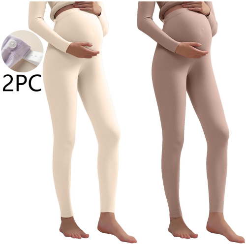 Spazoro Maternity Leggings, 2-Pack Winter Plush Thickened Over the Belly Stretchy Pregnancy Yoga Pants Activewear Beige