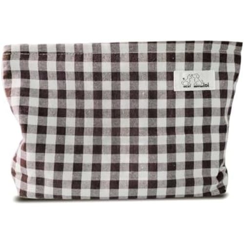 HAPPYHEIDI Brown Gingham Cotton Makeup Bag Cosmetic Travel Pouch Purse Organizer, Zipper Closure, Canvas Lined, Vintage Coffee Brown