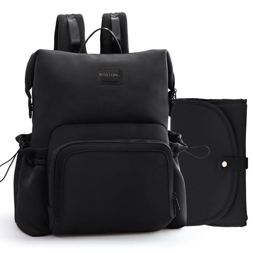 miss fong Diaper Bag Backpack - Baby Diaper Bag Neoprene Bag Large Capacity Neoprene Backpack with Diaper Changing Pad Travel Diaper Backpack Baby Backpack with 12 Pockets for Mom & Dad -Black