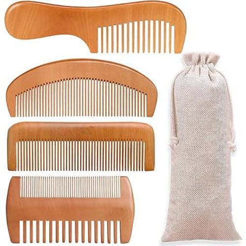 4 Pcs Natural Bamboo Comb Set for Women & Men - Wide Tooth Detangling, Beard & Labor Combs for Curly, Thick, Wavy Hair with Gift Bag