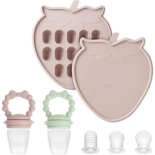 PandaEar Baby Food Freezer Tray & 2 Pack Baby Fruit Food Feeder Pacifier, Baby Fruit Food Feeder Teether Tray Ice Cube Maker, Breastmilk Popsicle Molds for Baby Teething Relief