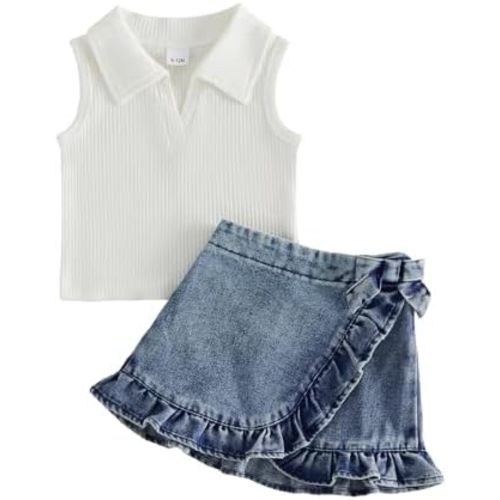 Toddler Baby Girl Summer Outfits Sleeveless Lapel Collar Ribbed Tank Tops Ruffle Jean Skirt Set Cute Clothes