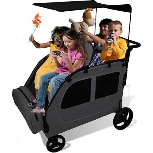 4 Seater Wagon Stroller, Large Quad Wagon for Kids 2 3 4 Baby Toddler Child Travel All Terrain Push Triple Twin Double Side by Side Stroller with Canopy Seats (Dark Grey)