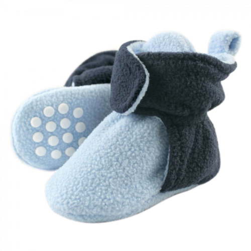 Luvable Friends Baby and Toddler Boy Cozy Fleece Booties, Light Blue Navy, 12-18 Months