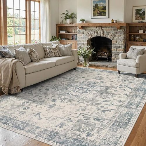 Area Rugs 5x7, Washable Rugs for Living Room, Vintage Boho Light Blue Rug for Office, Dining Room, Kids Room and Farmhouse, Durable Low Pile Non-Slip Area Rug for High Traffic Areas, Blue Quartz