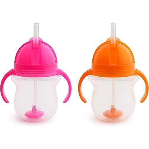 Munchkin Any Angle Sippy Cup for Toddlers, Weighted Straw Trainer Cup with Click Lock Lid, 7 Ounce, 2 Pack, Pink/Orange