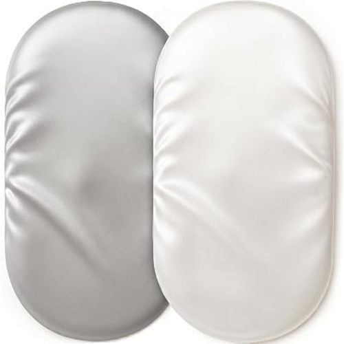 2 Pack 32"x16" Satin Bassinet Sheets Fitted, Silky Feeling Great for Baby Hair, Soft Oval Protector, Skin-Friendly Cradle Mattress Cover (White and Gray)