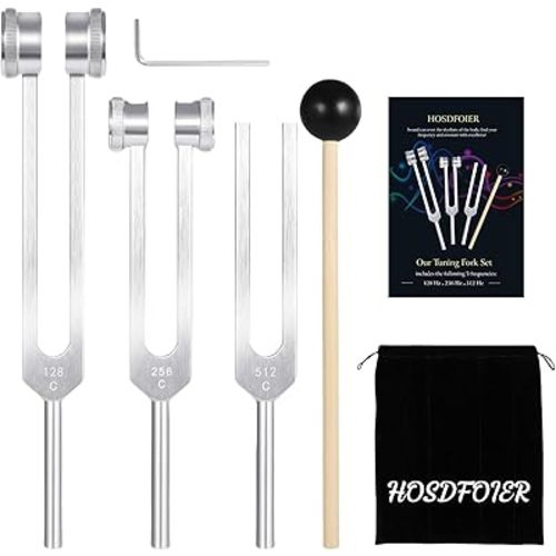 Tuning Forks for Healing Set (128Hz, 256Hz, 512Hz), Tuning Fork with Reflex Hammer for Healing/Frequency Instrument/Sound Therapy/Chakra/Yoga and Meditation Tools (Silvery), Stress Relief Gift