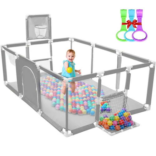 Olizee Baby Playpen, Play Pens for Babies and Toddlers, Portable Safety Playard Fence with Basketball Hoop, Breathable Mesh, 90 x 41 inch, Gray