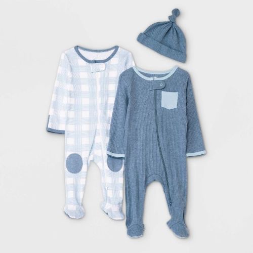 Baby Boys' 2pk Bear/Plaid Sleep N' Play with Hat - Cloud Island™ Blue