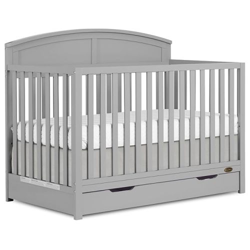 Dream On Me Storybrooke 5-in-1 Convertible Full-Size Crib with Under Drawer, Pebble Grey, GreenGuard Gold & BSA, Convert to Toddler, Day & Full-Size Bed, 3 Mattress Heights, Sustainable Pinewood