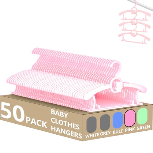 HGYZE Kid Hangers for Closet 50pcs, Pink Baby Clothes Hanger Plastic, 11-14" Adjustable Bulk Perchas for Newborn, Non-Slip Children Outfit Bear Hangar for Girl Boy Toddler Infant Nursery Clothing