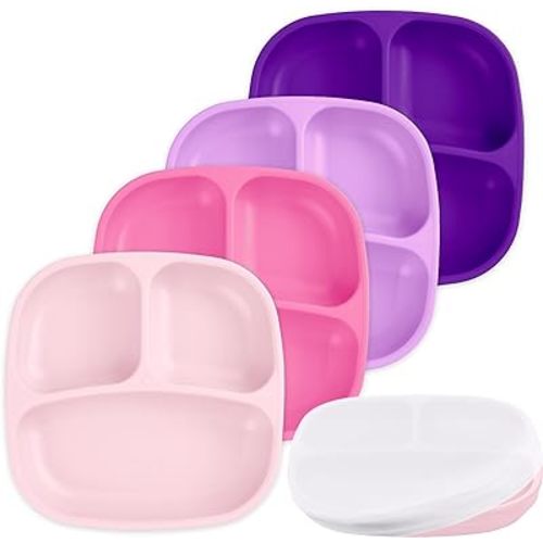 Re-Play Toddler Plates with Dividers - Deep-Walled 3 Compartments Divided Plates for Kids - Dishwasher & Microwave Safe - Made in USA - Set of 4-7.37" x 7.37" x 1.25" - Princess