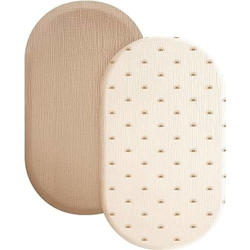 Konssy 2 Pack Soft Breathable Muslin Fitted Bassinet Sheets for Baby Girl Boy, Fit Oval Rectangle Cradle, Moses Basket Pad/Mattress (Camel, Sun)