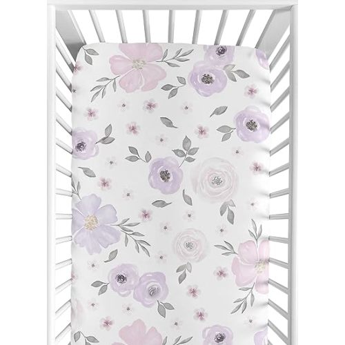 Sweet Jojo Designs Lavender Purple, Pink, Grey and White Baby or Toddler Fitted Crib Sheet for Watercolor Floral Collection - Rose Flower