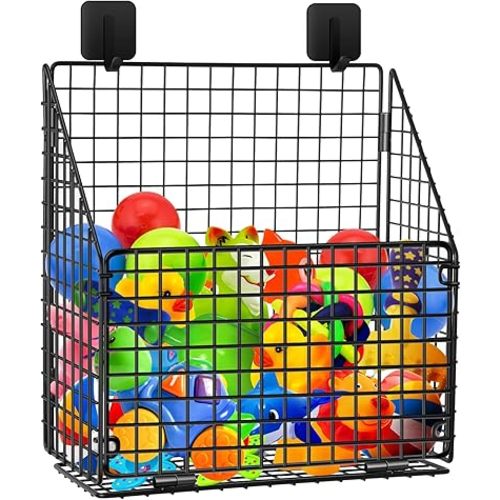 Foldable Bath Toy Storage Basket, Collapsible Metal Bathtub Shower Toy Organizer, Wall Mounted Hanging Shower Basket, Bath Toy Holder For Bathtub for Easy Access and Sorting Toys/Clothes/Toiletries