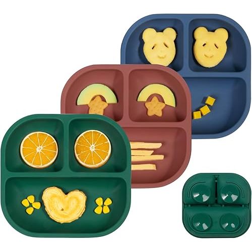 BABELIO Powerful Suction Plates for Baby and Toddler, 100% Food Grand Silicone, Divided, BPA Free, Microwave & Dishwasher Safe, Stay Put, 3 Pack