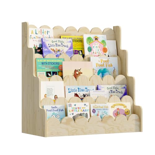 HedoAjim 4 Tier Scalloped Kids Bookshelf Natural Wood Toddler Book Rack Nursery Bookcase Playroom Coloring Book Magazine Display Storage Shelf Organizer Classroom Library Homeschooling (Natural Wood)
