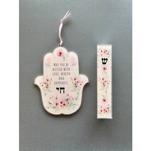 Hamsa and Mezuzah, Pink Flowers Design, Jewish Gift for Baby Naming, Housewarming, Engagement, Wedding