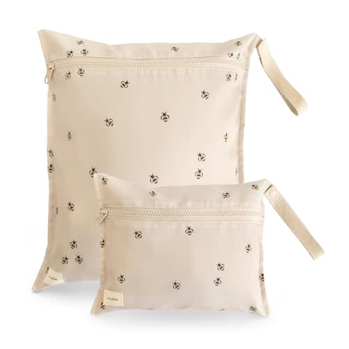 mushie Water Resistant Wet Bags | Large & Small Reusable Storage Bag for Baby Items and Travel | Zippered Pockets with Handle | Machine Washable, Set of 2 (Bees)