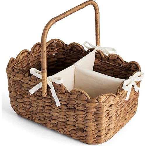 Baby Diaper Caddy Organizer, Large Portable Handmade Nursery Basket w/Removable Divider & Handles, Handwoven Changing Table Storage Bin for Nursery Organization - Chestnut