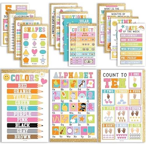 Hadley Designs 16 Educational Posters for Toddlers 1-3, Laminated Toddler Learning Posters for Preschool & Kindergarten, ABC Chart, Numbers, Colors, Shapes, Days of The Week, Gold Classroom Decor